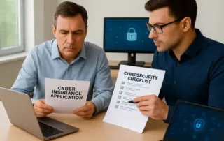 Business owner evaluating cyber insurance requirements with IT support