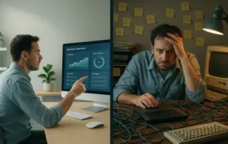 Comparison of small business IT with and without AI-powered tools showing efficiency and stress reduction.