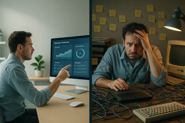 Comparison of small business IT with and without AI-powered tools showing efficiency and stress reduction.