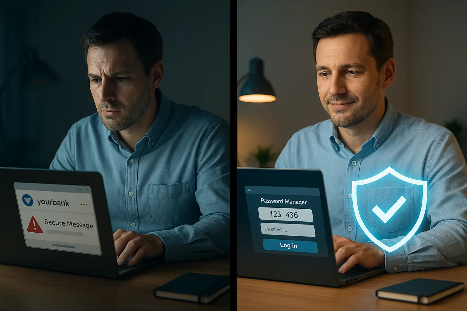 Illustration showing employee cybersecurity risks versus best practices like MFA and training.